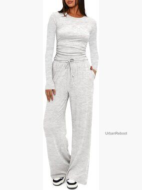 2 Piece Lounge Set Long Sleeve Top Wide Leg Pants Matching Set